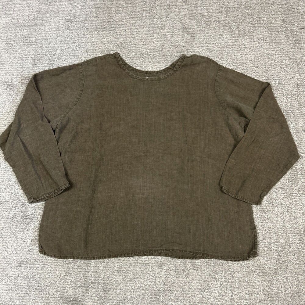 Flax Shirt Womens Small 100% Linen Boxy Top Boho lagenlook Brown Long Sleeve